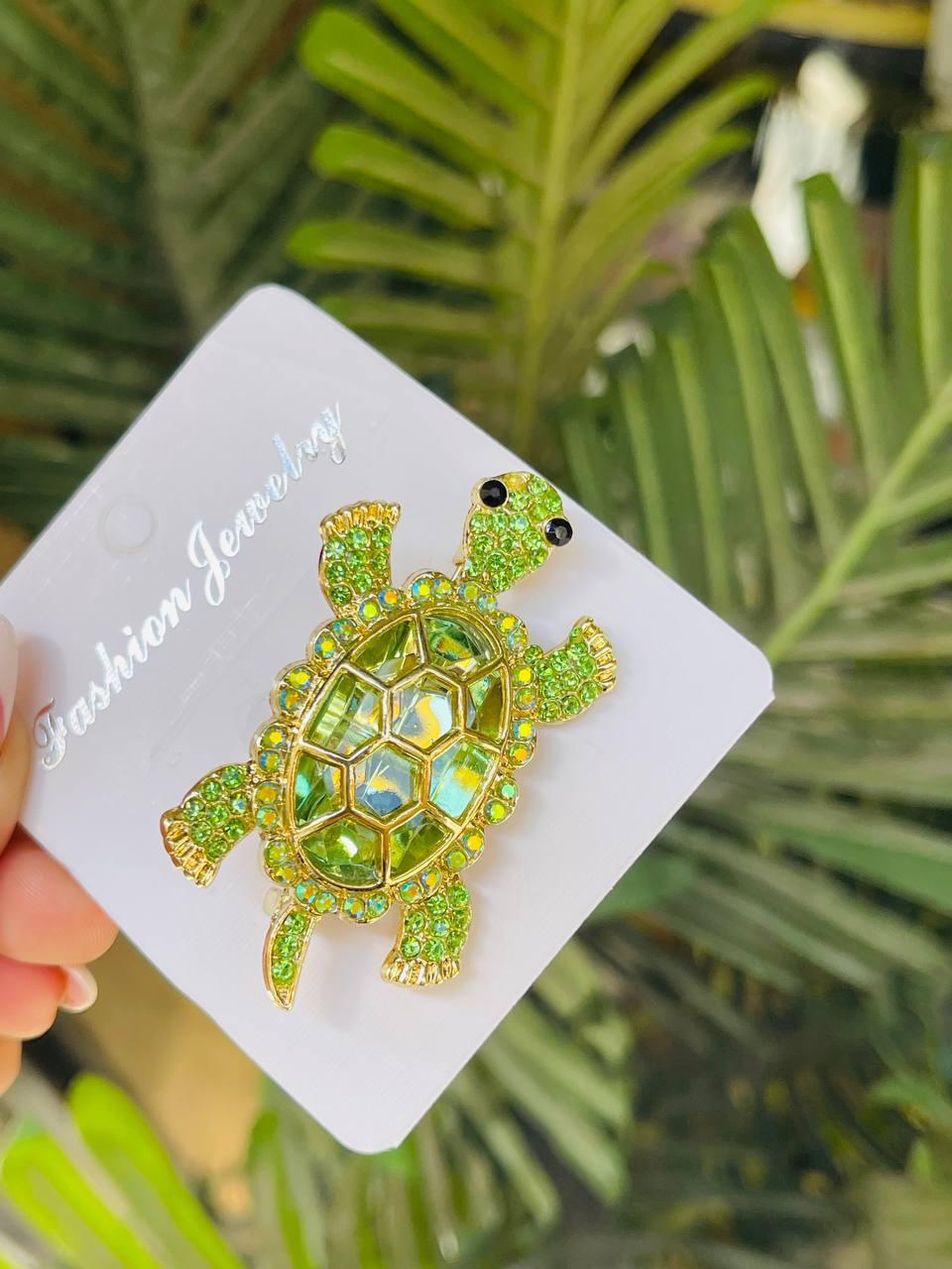 Crystal Turtle Brooch - Green