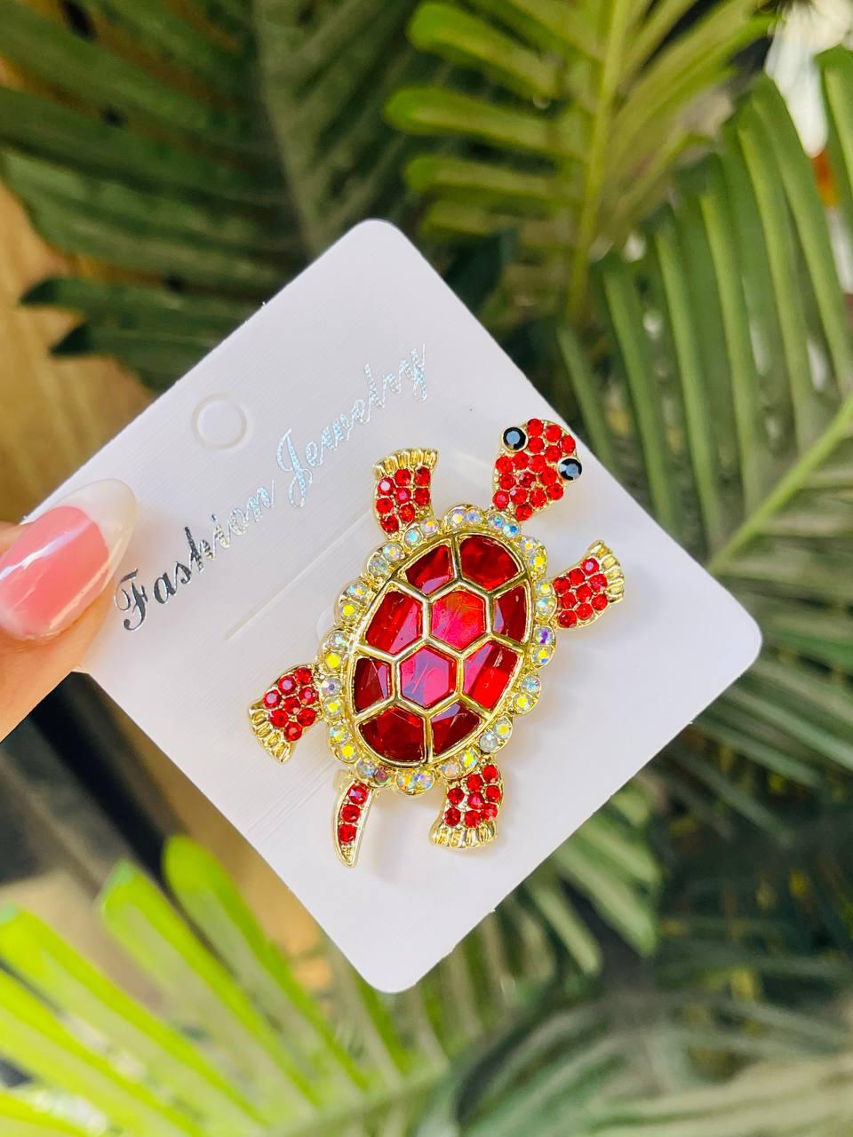 Crystal Turtle Brooch - Red