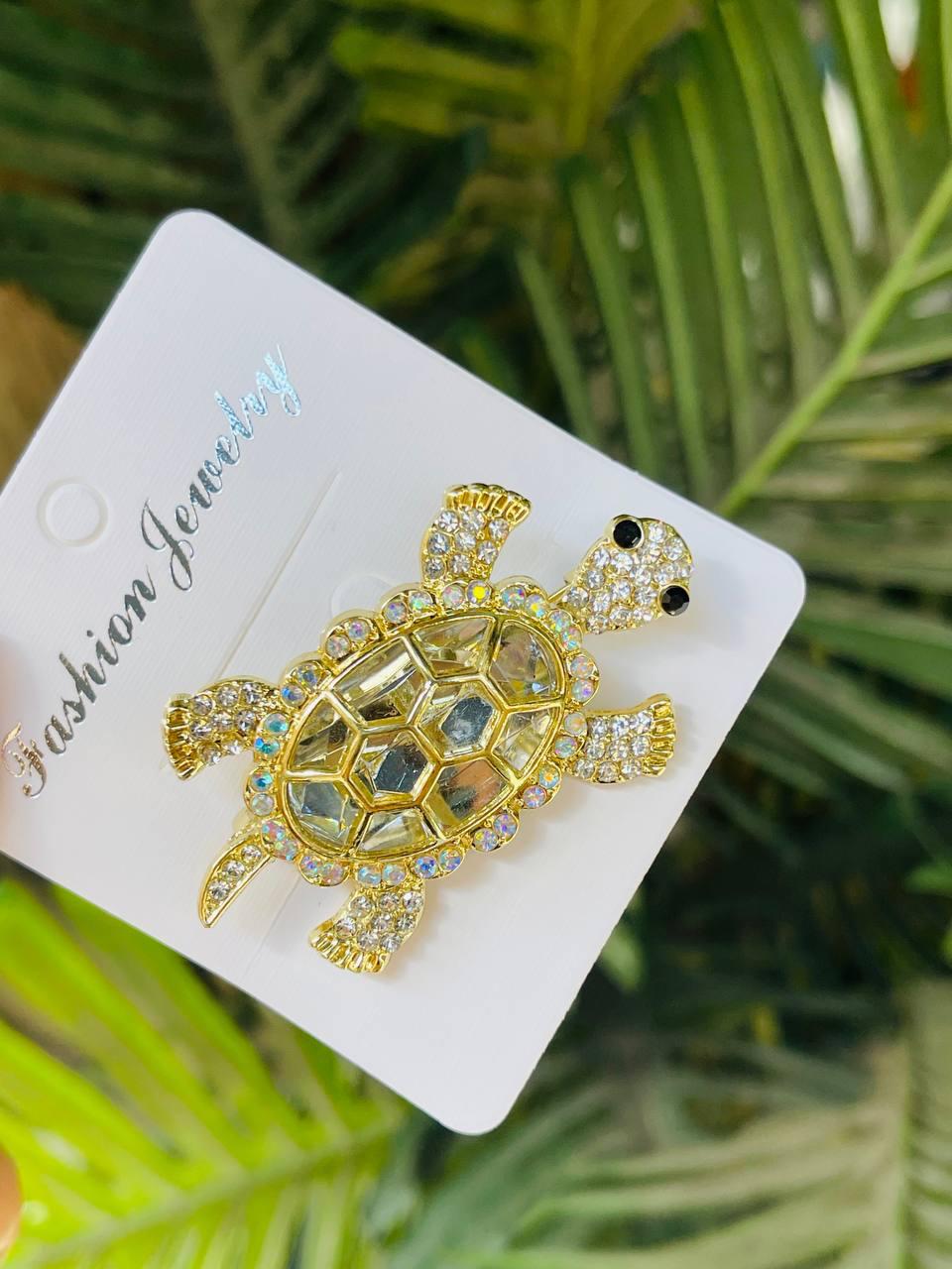 Crystal Turtle Brooch - Gold